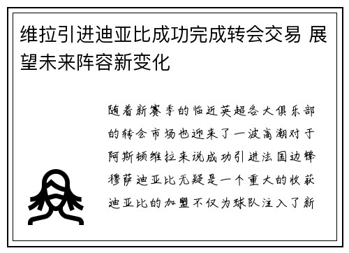 维拉引进迪亚比成功完成转会交易 展望未来阵容新变化